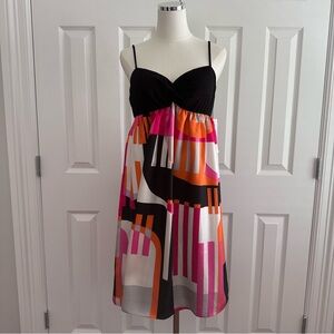 NWT Maggie London 100% SILK Black Pink  Geometric Spaghetti Strap Dress Size 12
